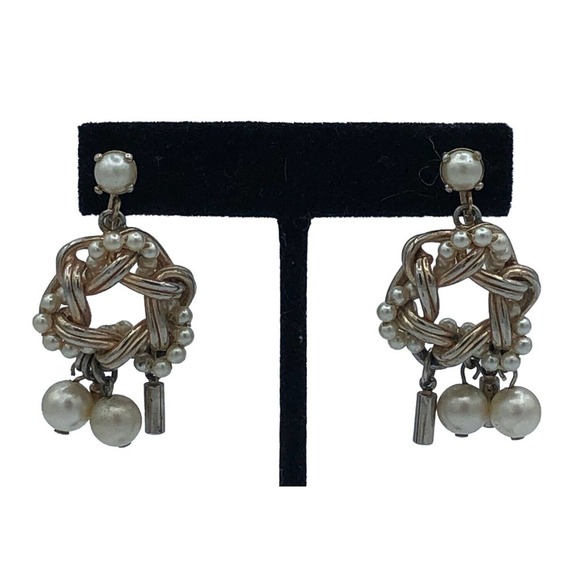 Barclay Pearl Silver tone Dangle Drop Clip On Earrings Mid century Classic - Picture 1 of 11